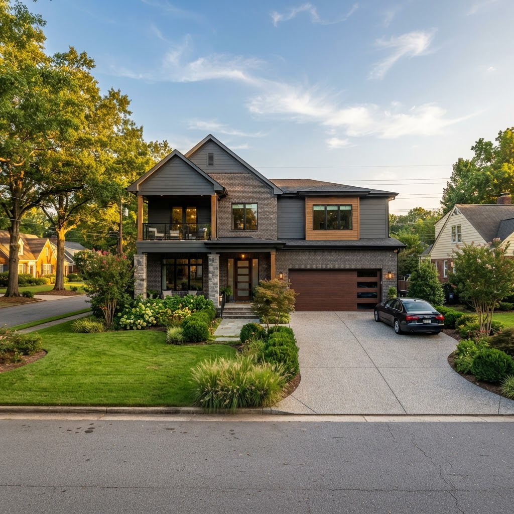 Modern Raleigh home with a dramatic contemporary garage door at golden hour