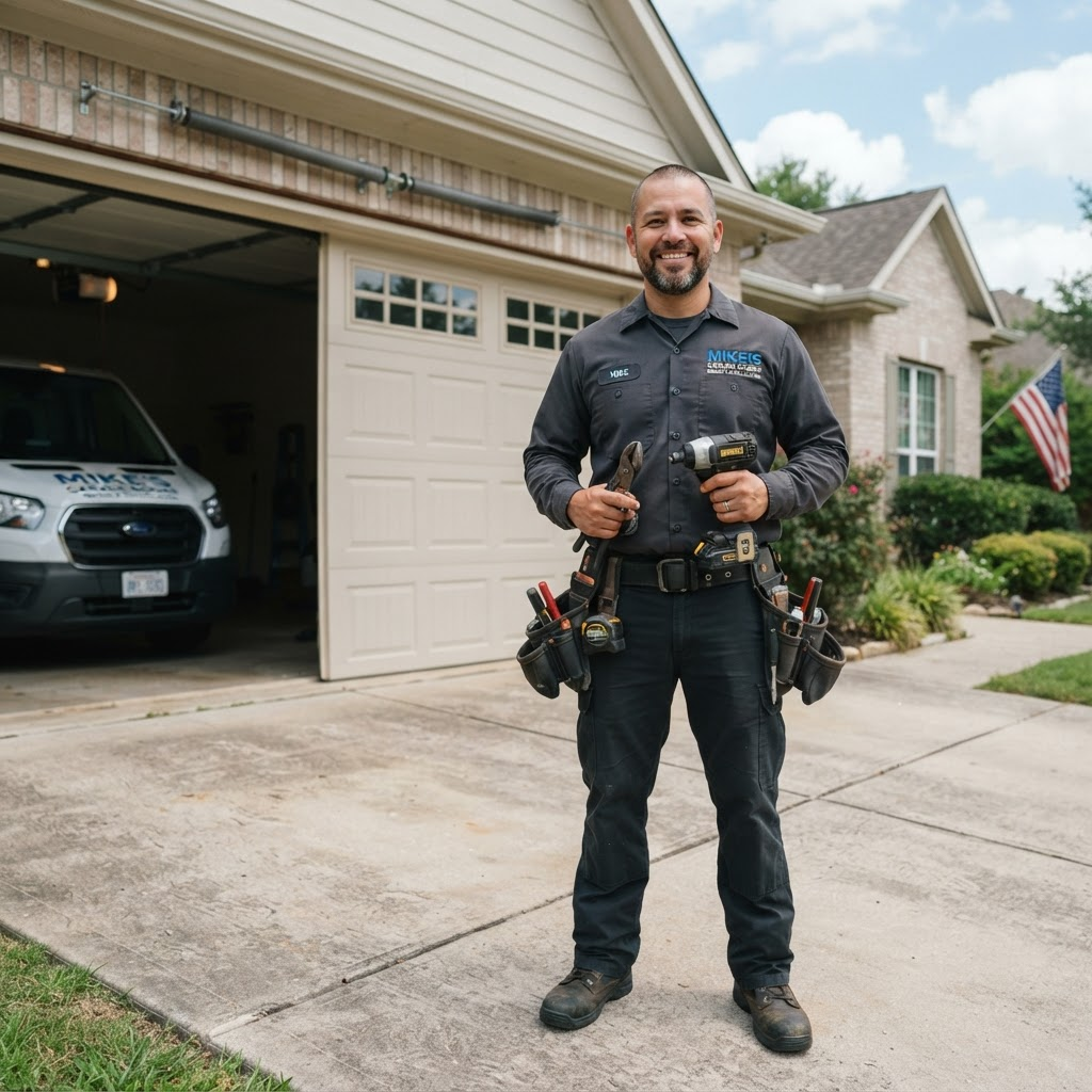 Confident Triple A garage door technician in front of a residential garage in Raleigh